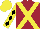 Silk - Maroon, yellow crossed sashes, sleeves yellow, black diamonds, cap black