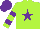 Silk - Lime green, purple star, purple bars on lime green sleeves, purple cap