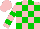 Silk - Pink and green blocks, green hoops on sleeves, pink cap