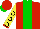 Silk - Red, green stripe, yellow slvs, black horseshoes, red cuffs,green peak