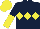 Silk - Dark blue, yellow triple diamond, halved sleeves, yellow cap