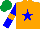 Silk - orange, blue star, blue sleeves, orange armlets, emerald green cap