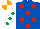 Silk - Royal blue, red spots, white sleeves, emerald green spots, white & orange quartered cap