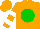 Silk - Orange, white bird on green ball, green and white bars on orange sleeves, orange cap